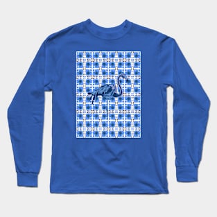 Blue Flamingo on Retro Hearts Long Sleeve T-Shirt